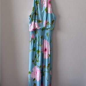 Lilly Pulitzer Fresh Water Blue Halter Midi with Pink and Green Floral Print